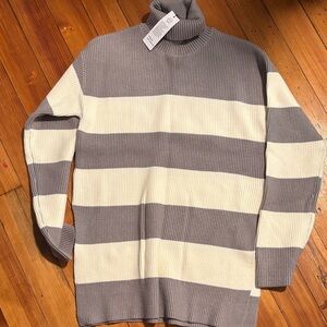 NWT Chunky Knit Gray and Cream Striped Turtleneck Sweater Tunic Elevated Basic